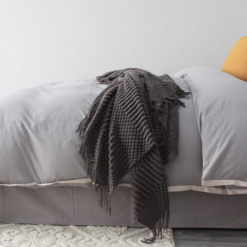 Chunky Knit Throw Blanket with Fringe Textured Popcorn Super Soft Polyester Sofa Size 127x170cm