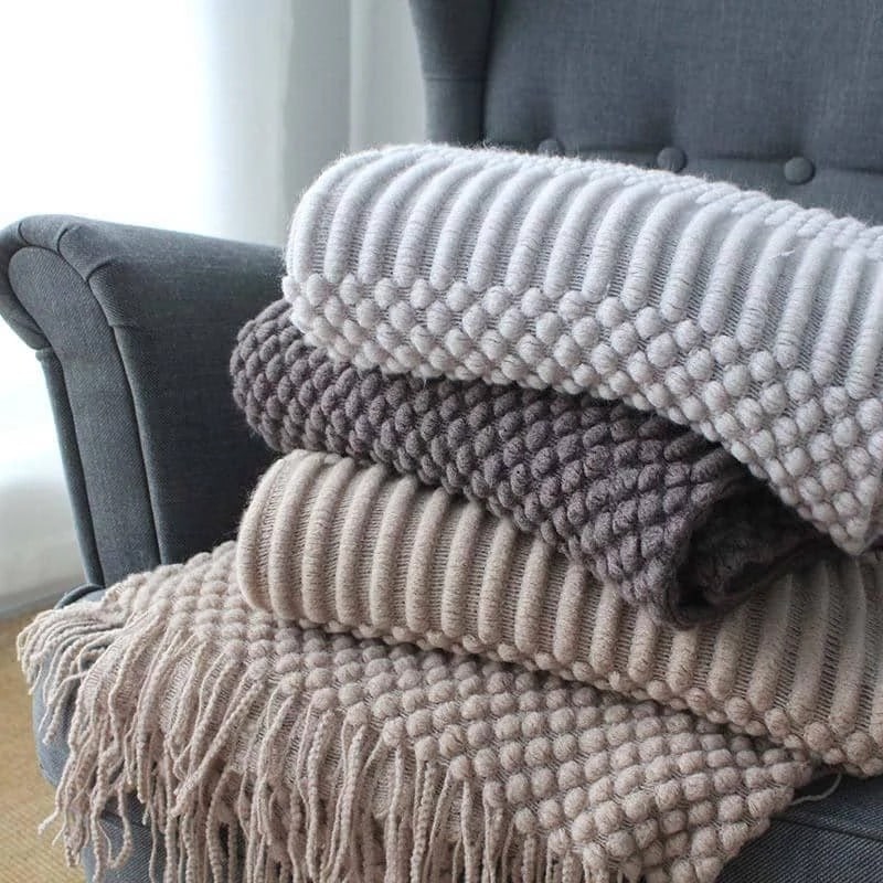 Chunky Knit Throw Blanket with Fringe Textured Popcorn Super Soft Polyester Sofa Size 127x170cm