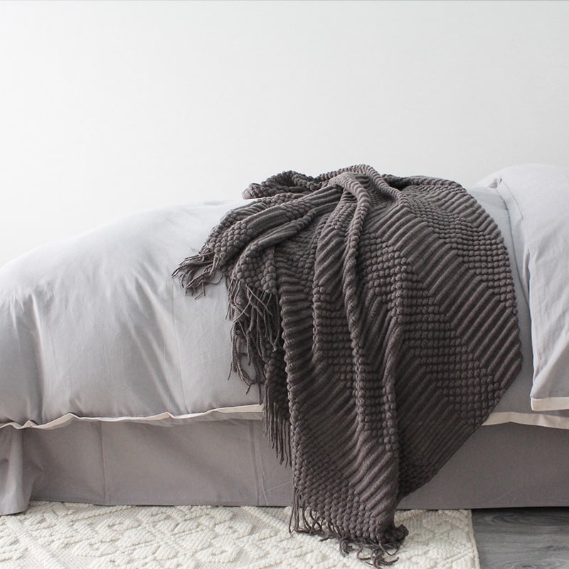 Chunky Knit Throw Blanket with Fringe Textured Popcorn Super Soft Polyester Sofa Size 127x170cm