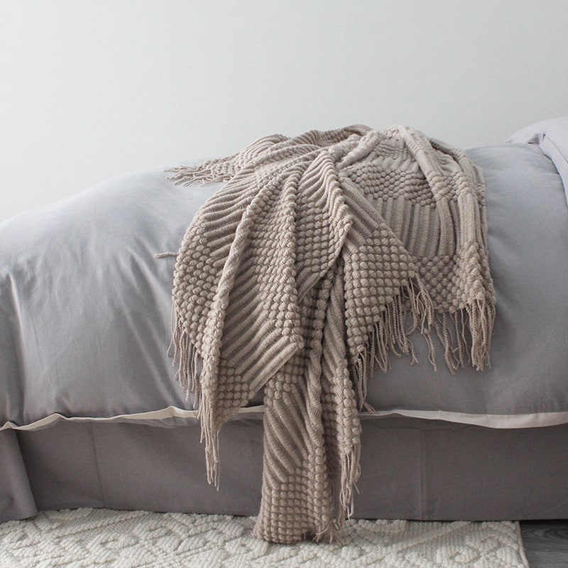 Chunky Knit Throw Blanket with Fringe Textured Popcorn Super Soft Polyester Sofa Size 127x170cm