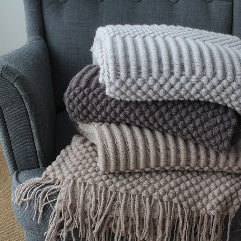 Chunky Knit Throw Blanket with Fringe Textured Popcorn Super Soft Polyester Sofa Size 127x170cm