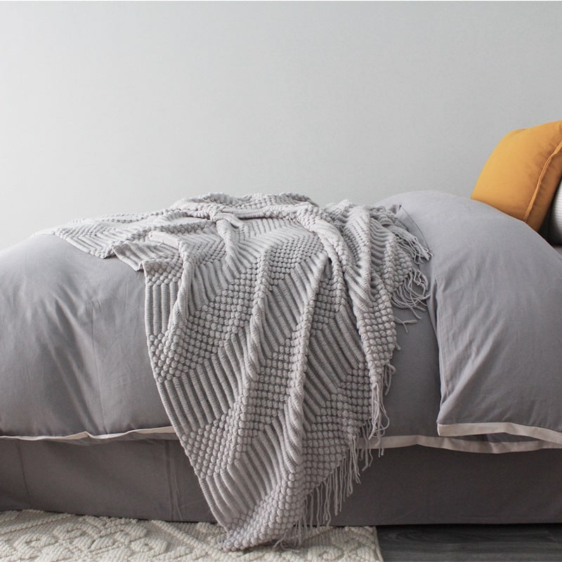 Chunky Knit Throw Blanket with Fringe Textured Popcorn Super Soft Polyester Sofa Size 127x170cm