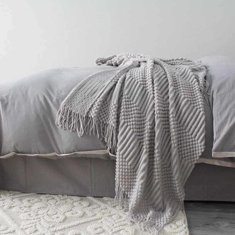 Chunky Knit Throw Blanket with Fringe Textured Popcorn Super Soft Polyester Sofa Size 127x170cm
