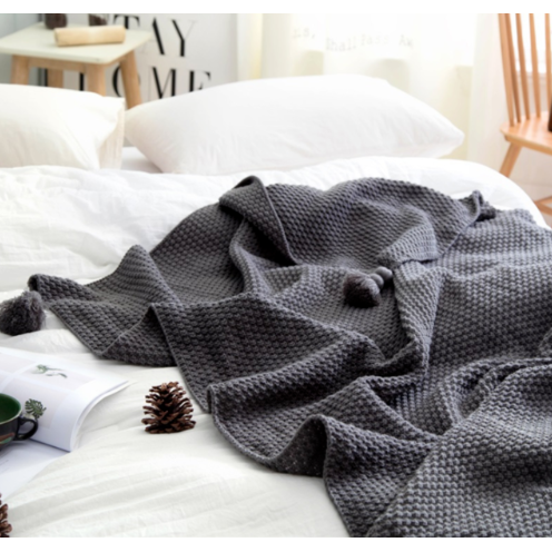 Chunky Knit Throw Blanket with Pom-Pom Tassels for Sofa