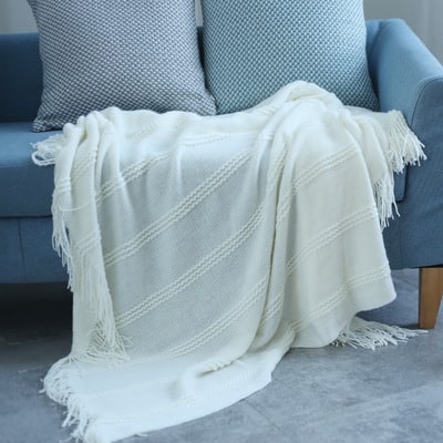 Chunky Knit Throw Blanket with Textured Stripes and Tassel Fringe