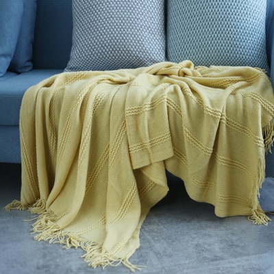 Chunky Knit Throw Blanket with Textured Stripes and Tassel Fringe