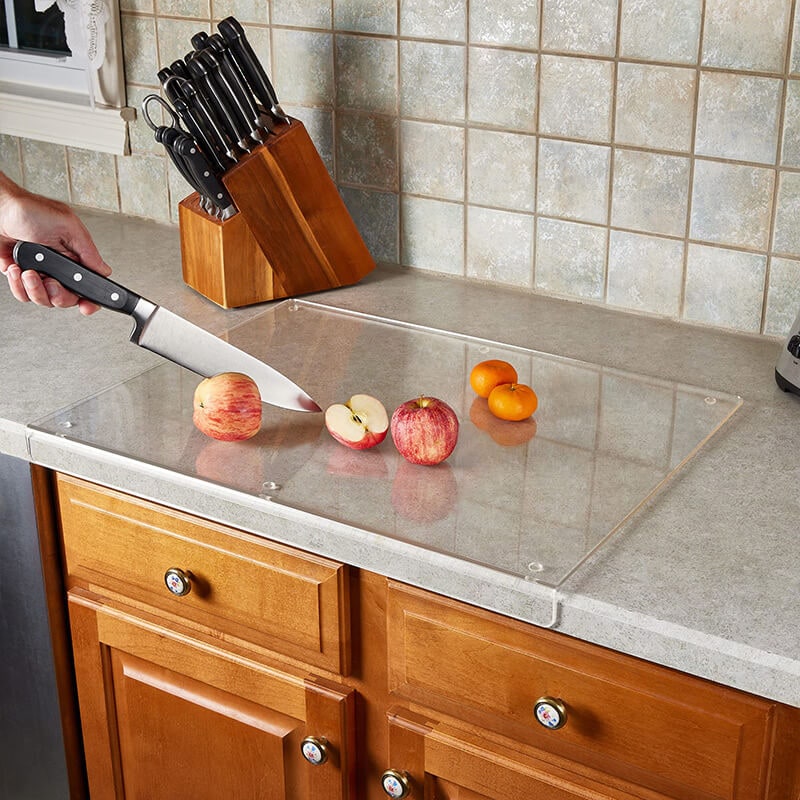 Clear Acrylic Plastic Cutting Board with Non-Slip Feet and Counter Lip Edge Protector