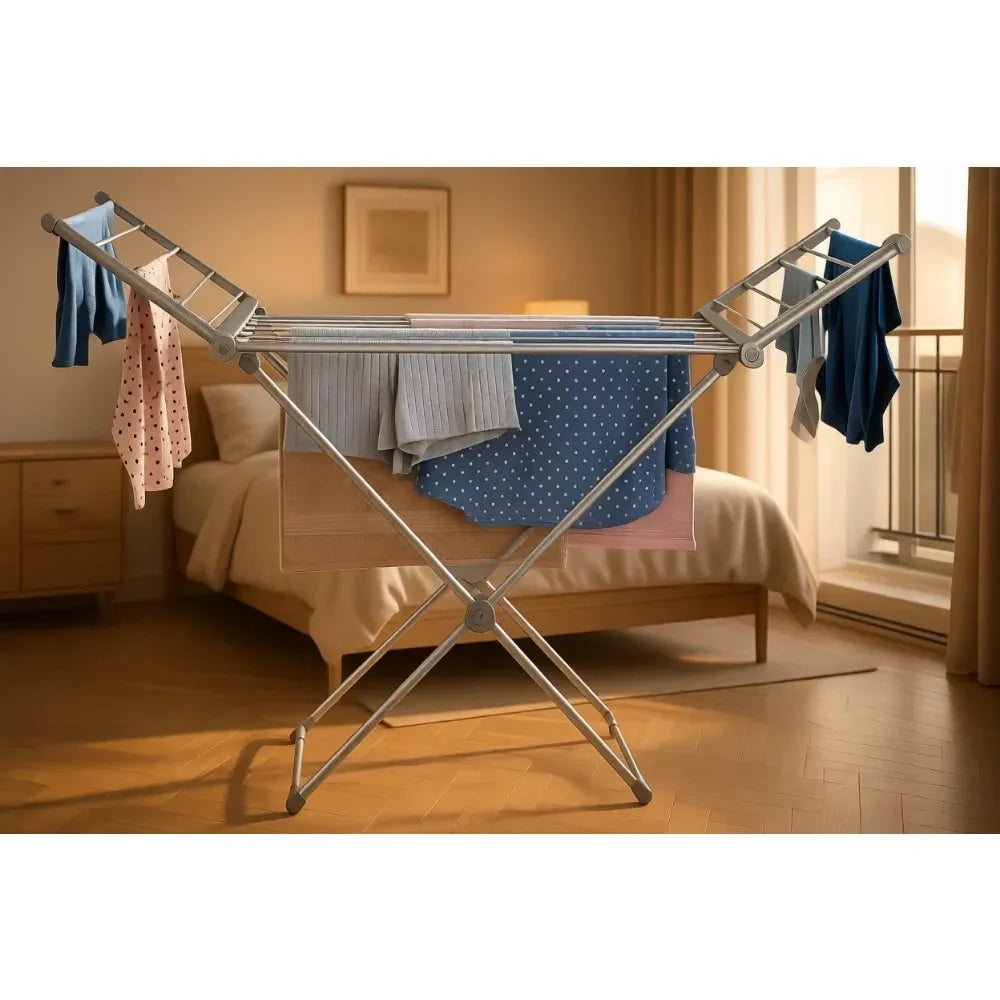 Heated Electric Clothes Drying Rack with Folding Wings and Aluminum Frame