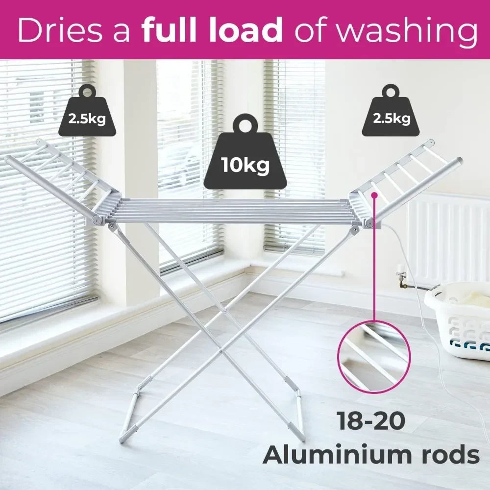 Heated Electric Clothes Drying Rack with Folding Wings and Aluminum Frame