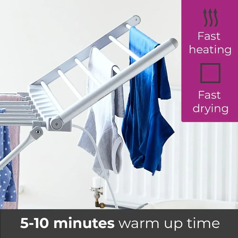 Heated Electric Clothes Drying Rack with Folding Wings and Aluminum Frame