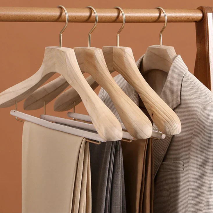 Clothes Hangers Wooden Coat Suit Wide Shoulder Non Slip Metal Clips Camphor Wood