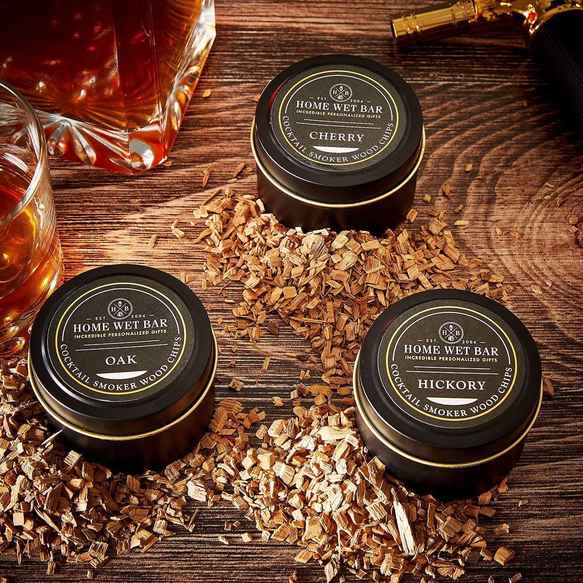Cocktail Smoker Wood Chips Set with Oak Cherry and Hickory Smoking in 3 Tins
