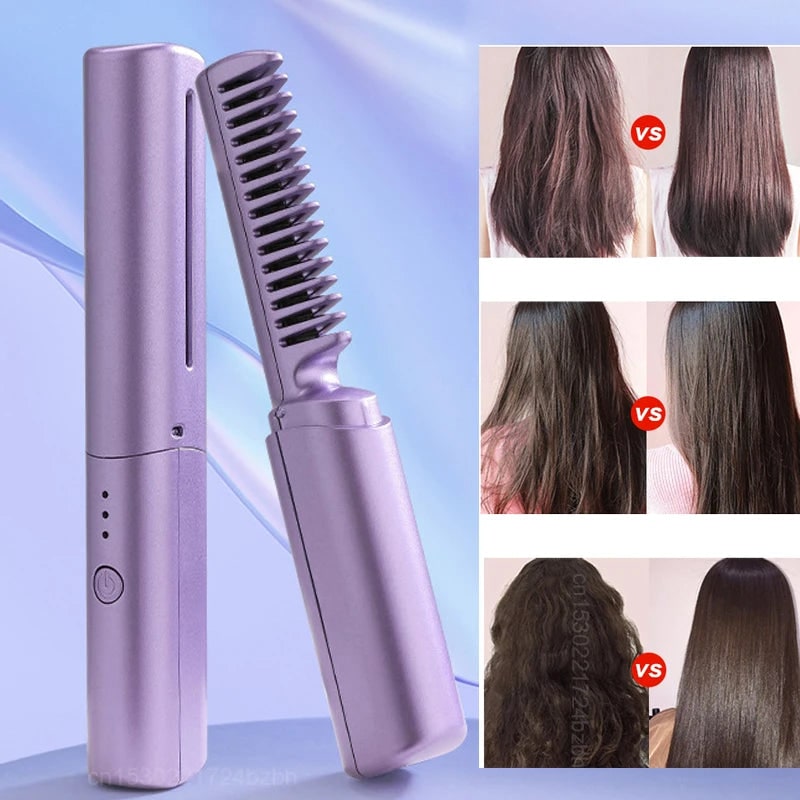 Cordless Hair Straightener Brush with Ceramic Heating Comb and Protective Cap