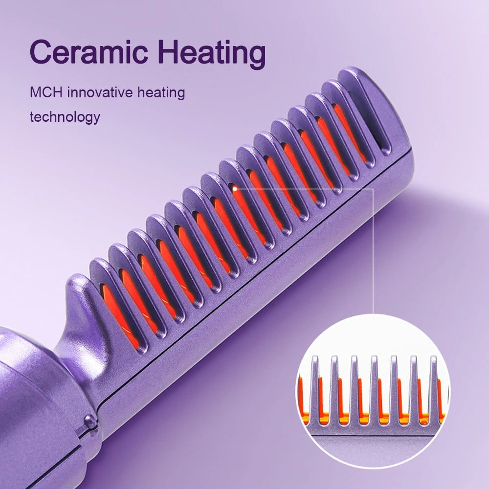 Cordless Hair Straightener Brush with Ceramic Heating Comb and Protective Cap
