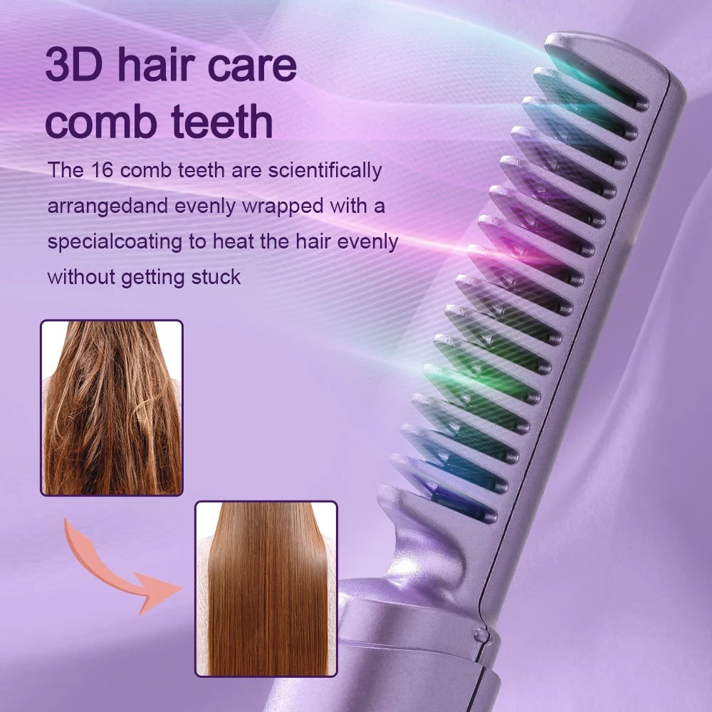 Cordless Hair Straightener Brush with Ceramic Heating Comb and Protective Cap