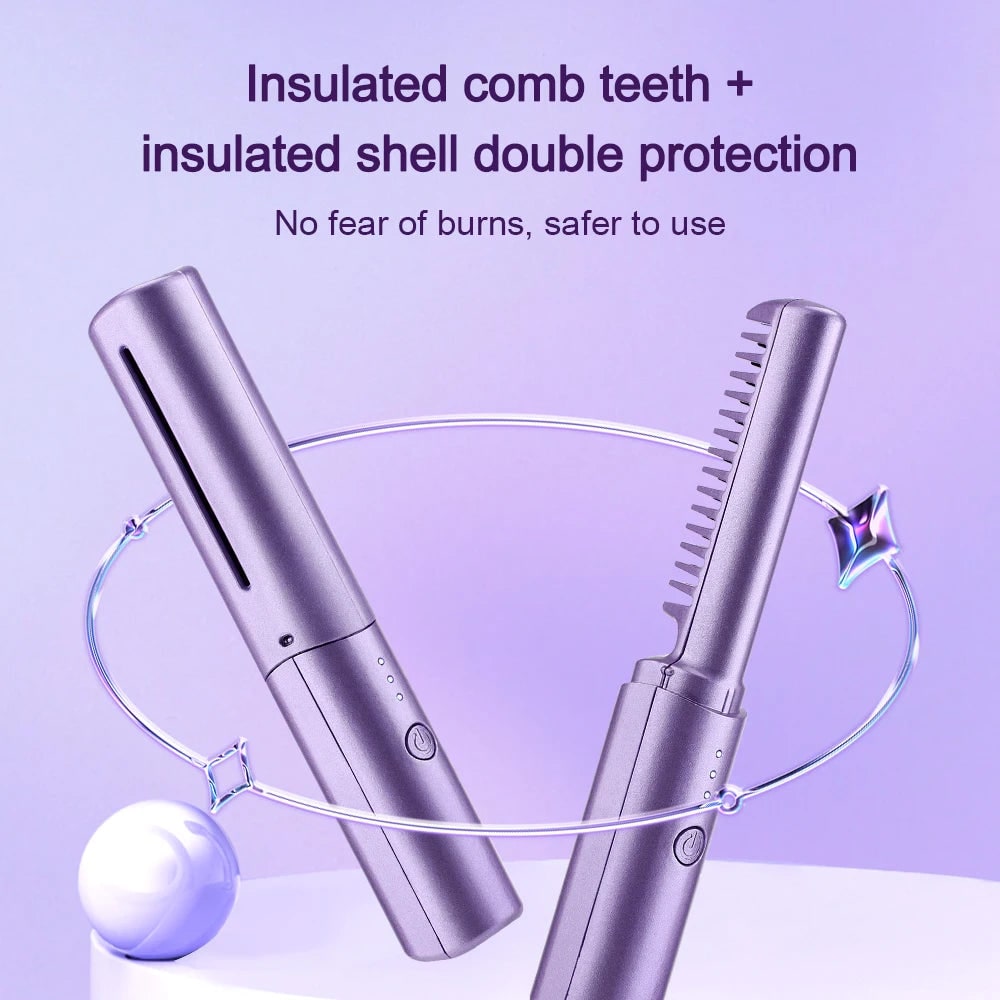 Cordless Hair Straightener Brush with Ceramic Heating Comb and Protective Cap