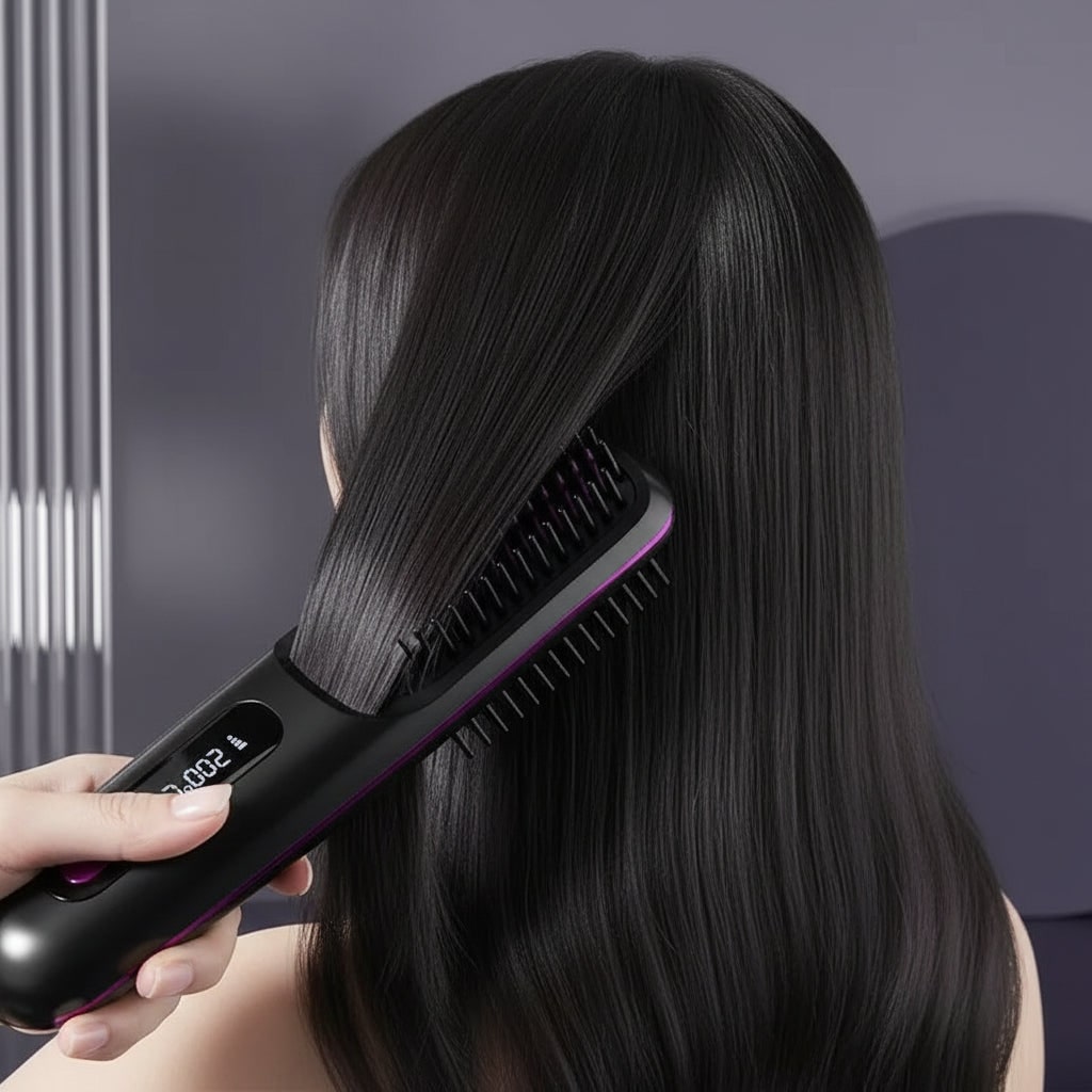 Cordless Rechargeable Hair Straightener Brush with Digital Display and USB Charging
