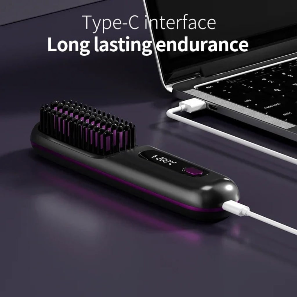 Cordless Rechargeable Hair Straightener Brush with Digital Display and USB Charging