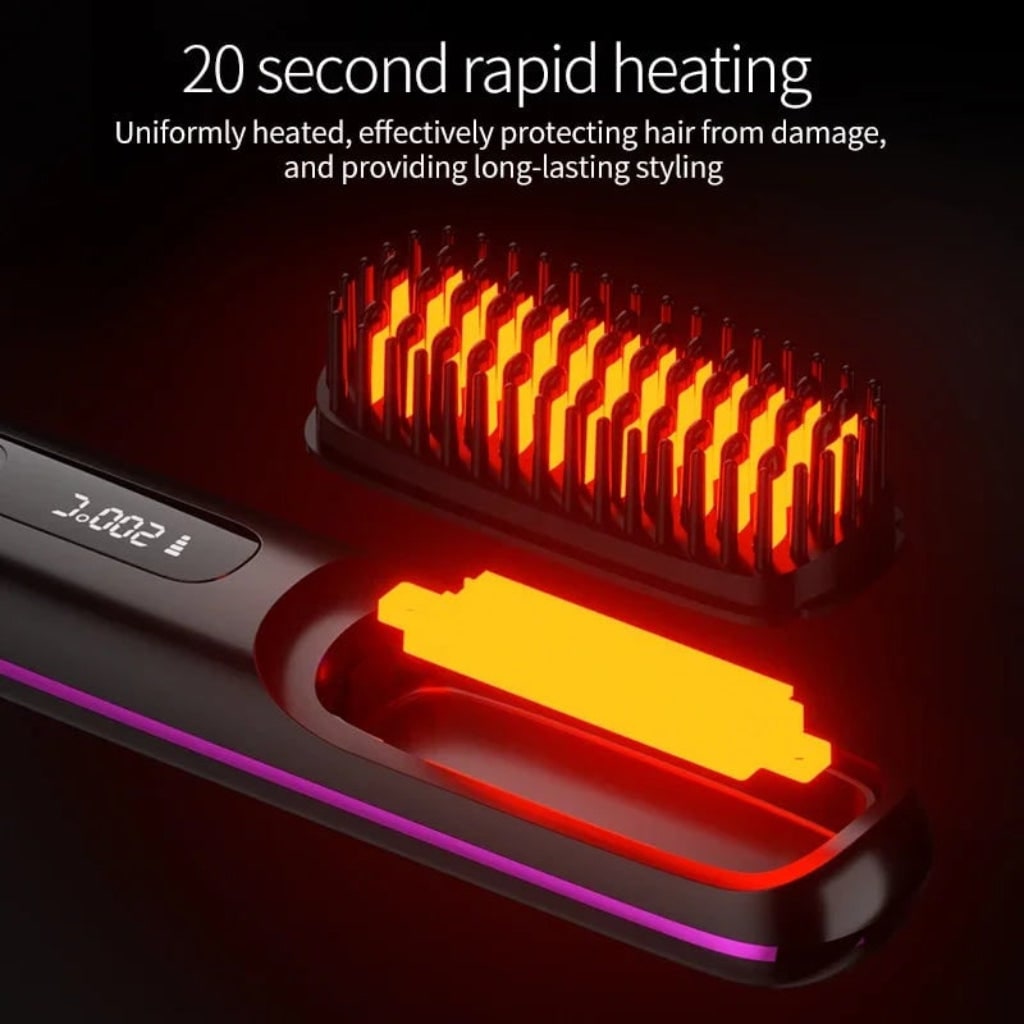 Cordless Rechargeable Hair Straightener Brush with Digital Display and USB Charging