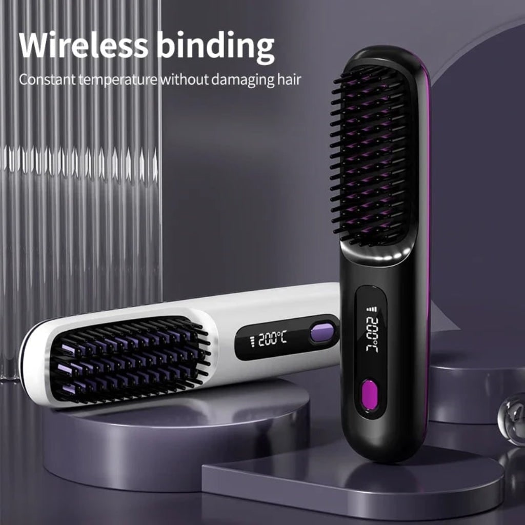 Cordless Rechargeable Hair Straightener Brush with Digital Display and USB Charging