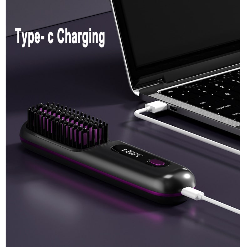 Cordless Hair Straightener Brush with Portable Wireless Design and Digital Temperature Display