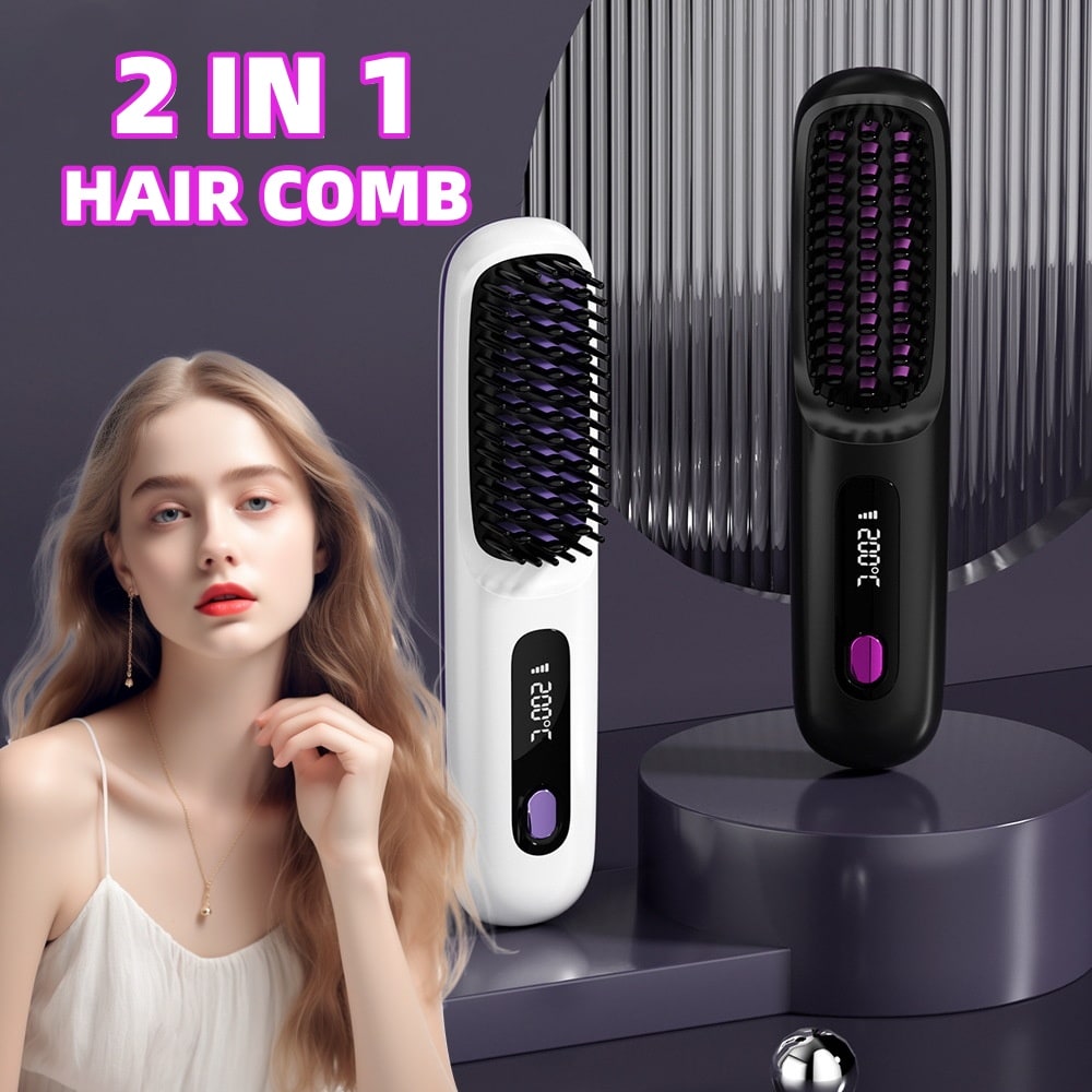 Cordless Hair Straightener Brush with Portable Wireless Design and Digital Temperature Display