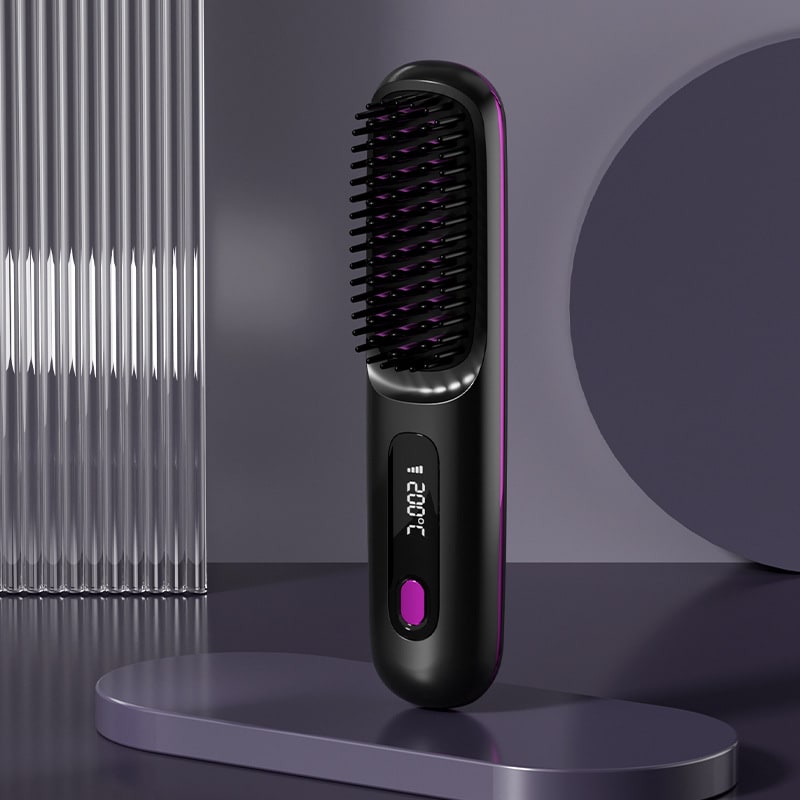 Cordless Hair Straightener Brush with Portable Wireless Design and Digital Temperature Display