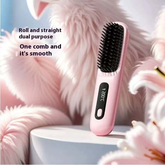 Cordless Hair Straightener Brush with Portable Wireless Design and Digital Temperature Display