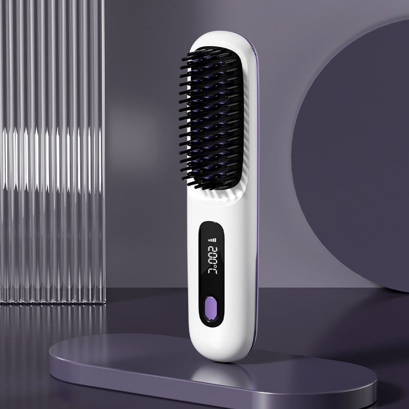 Cordless Hair Straightener Brush with Portable Wireless Design and Digital Temperature Display