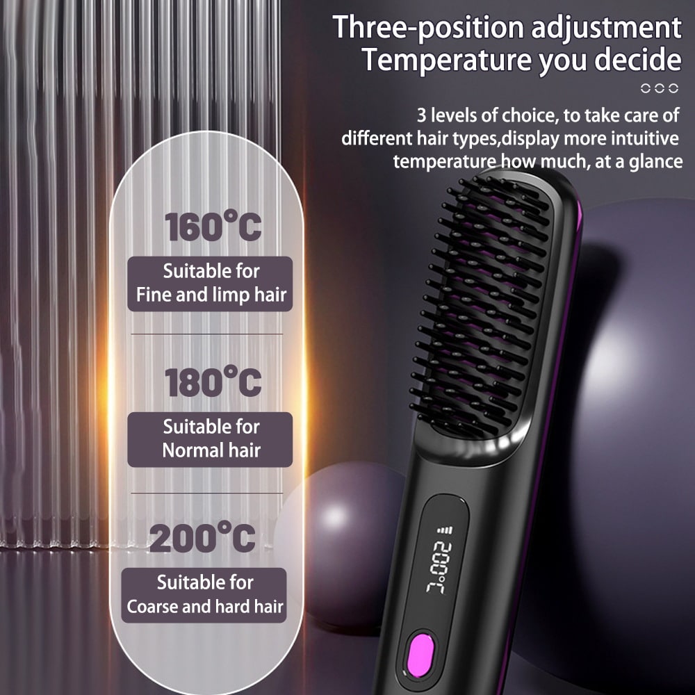 Cordless Hair Straightener Brush with Portable Wireless Design and Digital Temperature Display