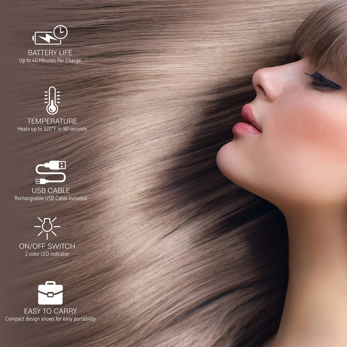 Cordless Portable Hair Straightener with Ceramic Plates USB Rechargeable Travel