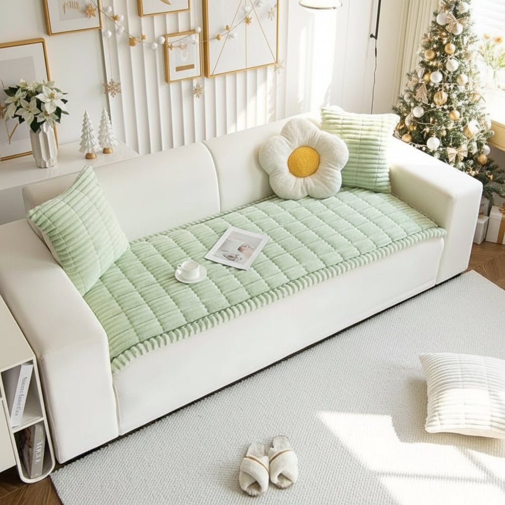 Couch Cover Sofa Seat Cushion Padded Plush Quilted Ribbed Runner Microfiber