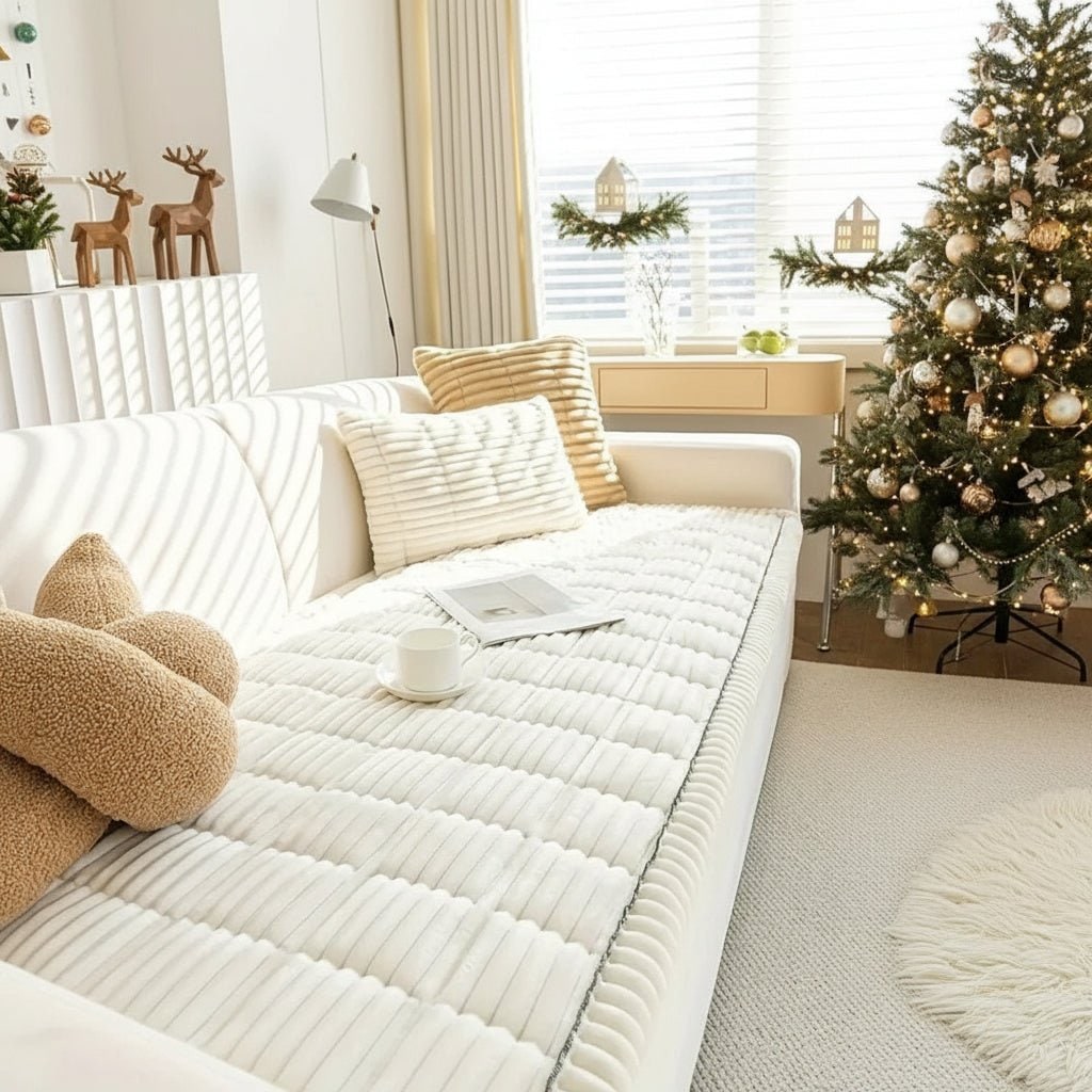 Couch Cover Sofa Seat Cushion Padded Plush Quilted Ribbed Runner Microfiber