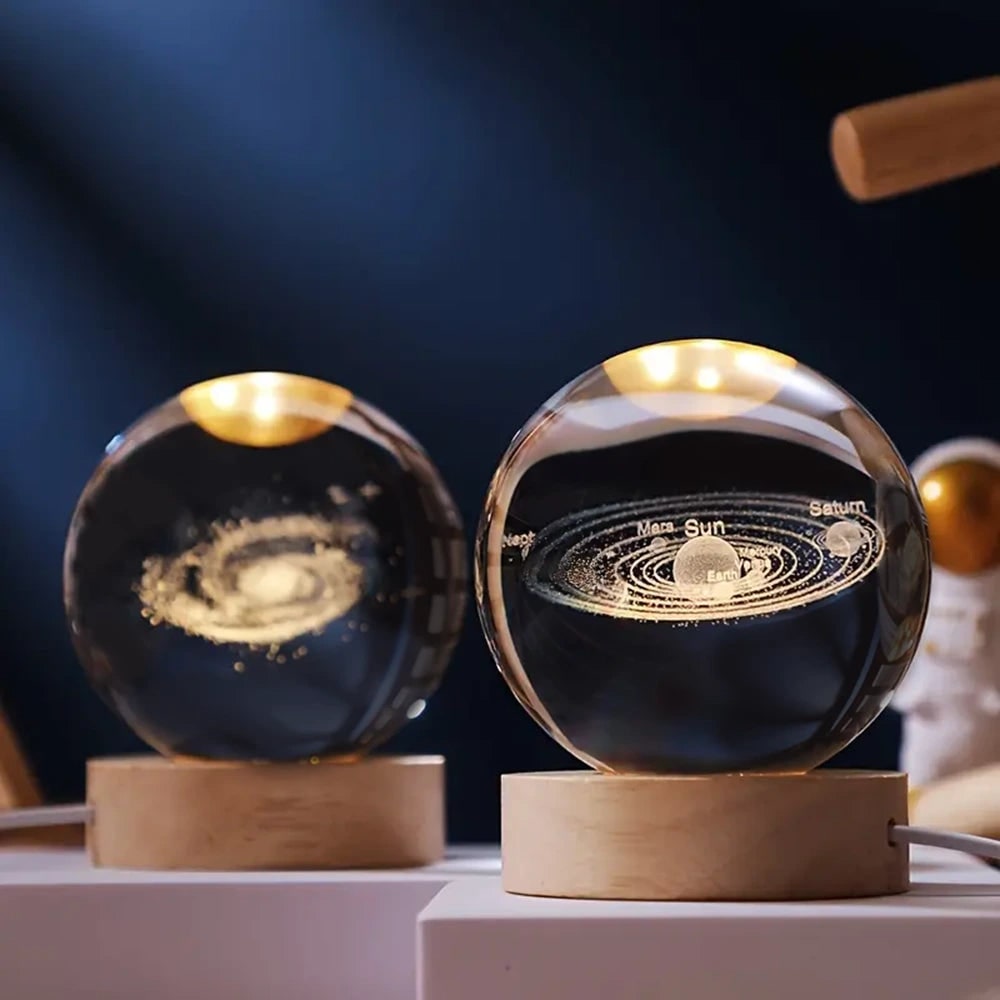 Crystal Lamp Ball Night Light 3D Laser Engraved Glass Wooden Base USB LED Decorative