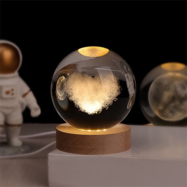 Crystal Lamp Ball Night Light 3D Laser Engraved Glass Wooden Base USB LED Decorative