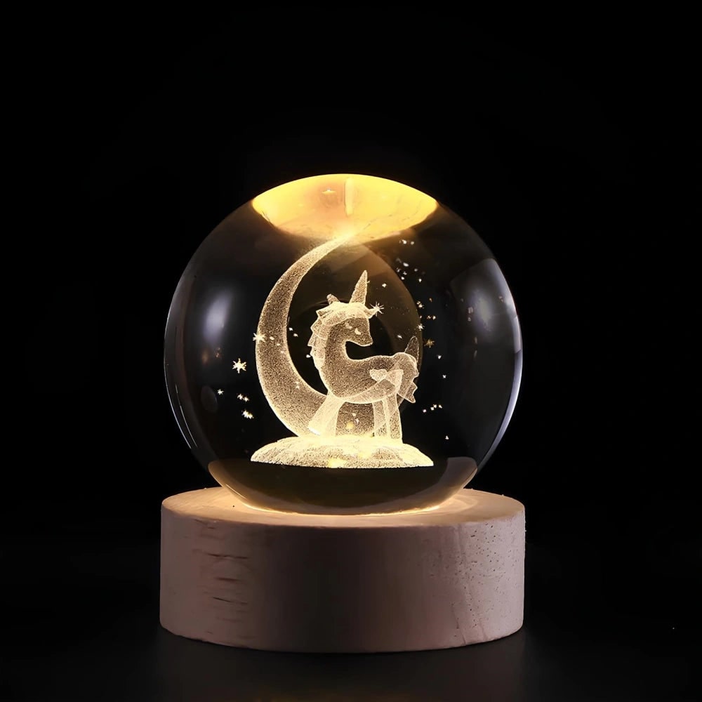Crystal Lamp Ball Night Light 3D Laser Engraved Glass Wooden Base USB LED Decorative