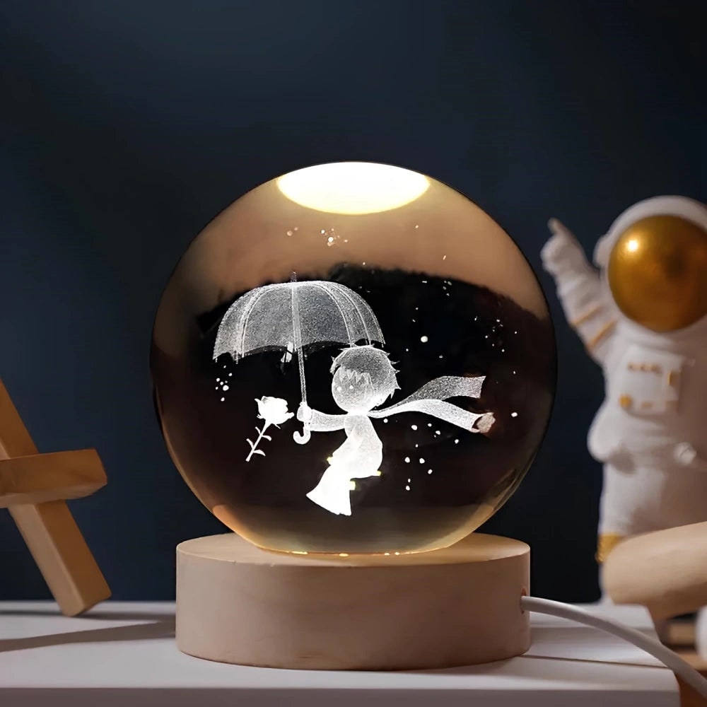 Crystal Lamp Ball Night Light 3D Laser Engraved Glass Wooden Base USB LED Decorative