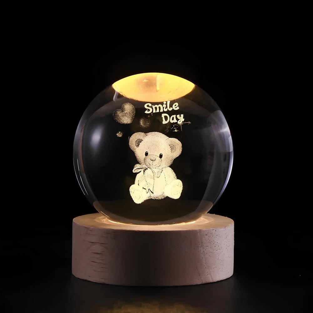 Crystal Lamp Ball Night Light 3D Laser Engraved Glass Wooden Base USB LED Decorative