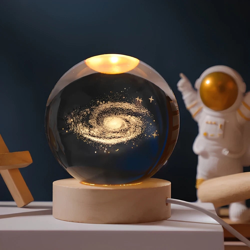 Crystal Lamp Ball Night Light 3D Laser Engraved Glass Wooden Base USB LED Decorative