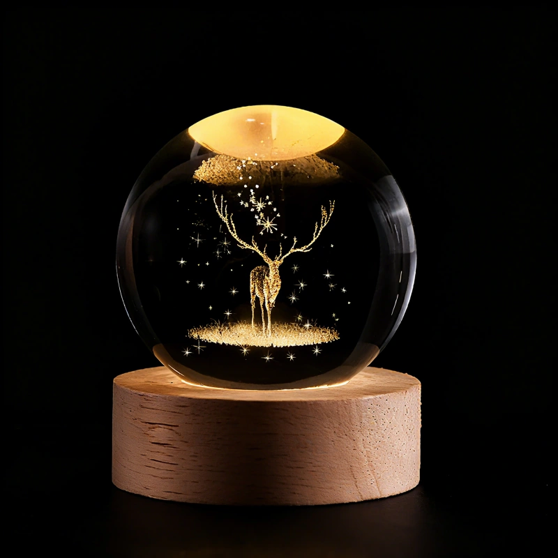 Crystal Lamp Ball Night Light 3D Laser Engraved Glass Wooden Base USB LED Decorative