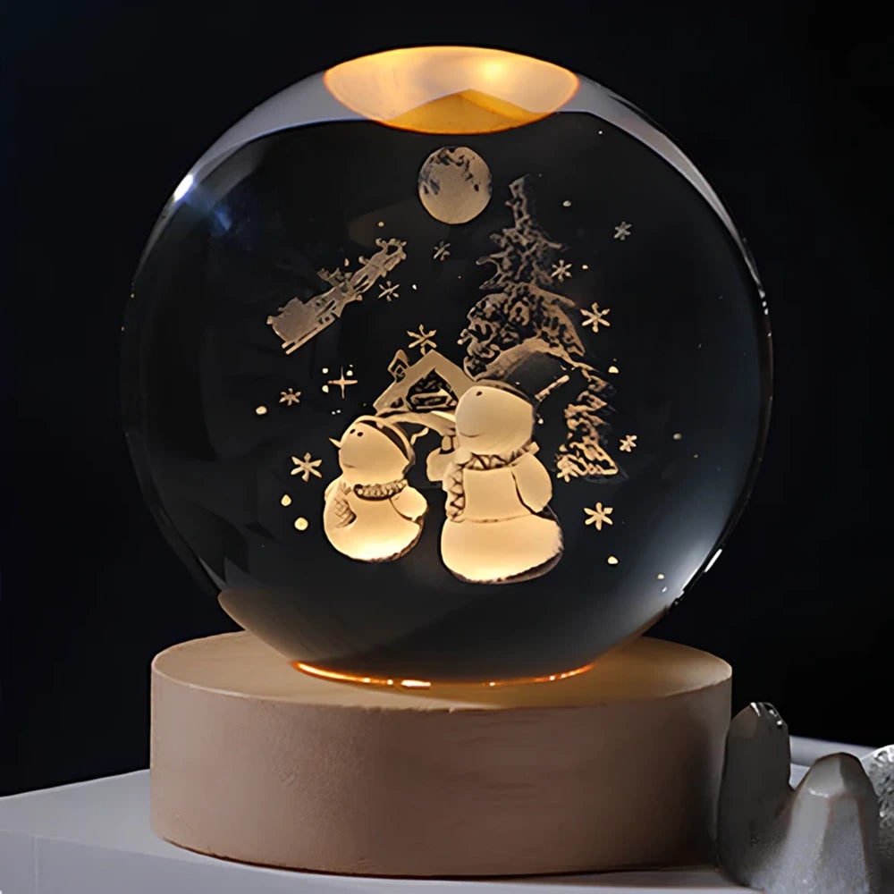 Crystal Lamp Ball Night Light 3D Laser Engraved Glass Wooden Base USB LED Decorative