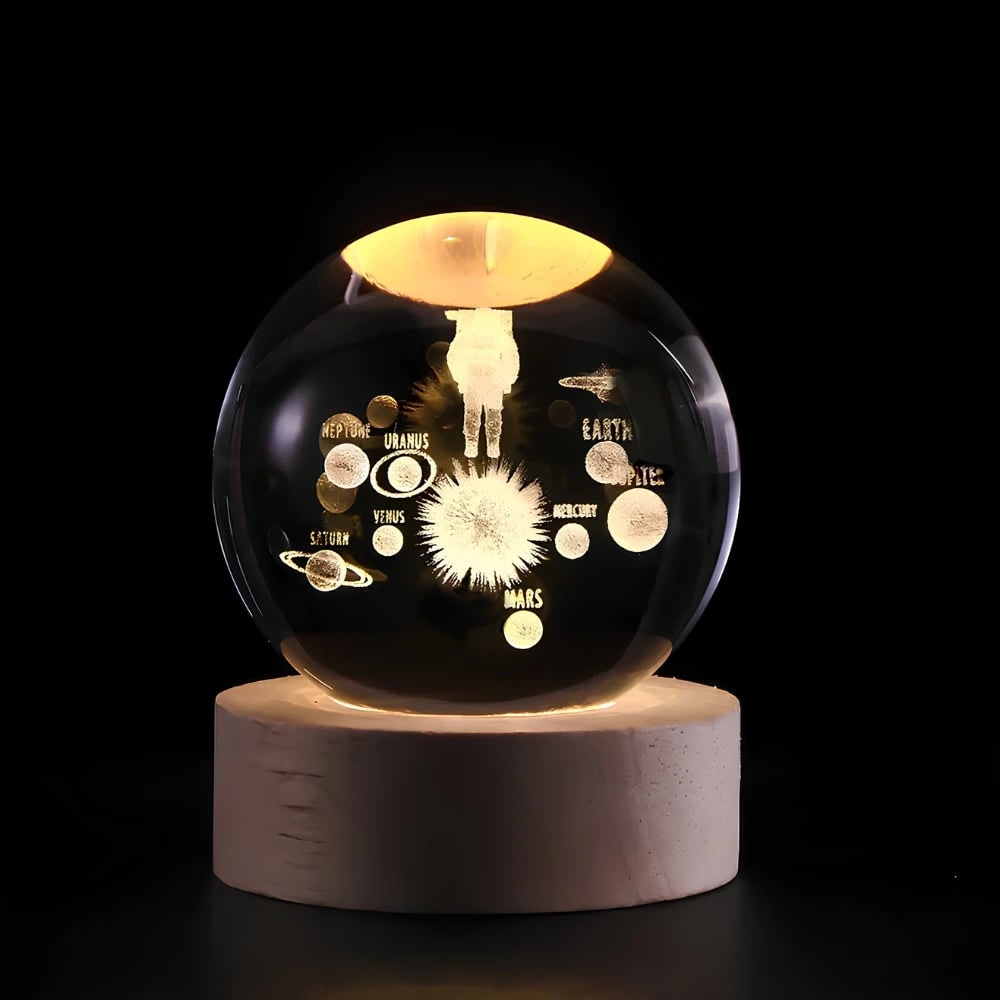 Crystal Lamp Ball Night Light 3D Laser Engraved Glass Wooden Base USB LED Decorative