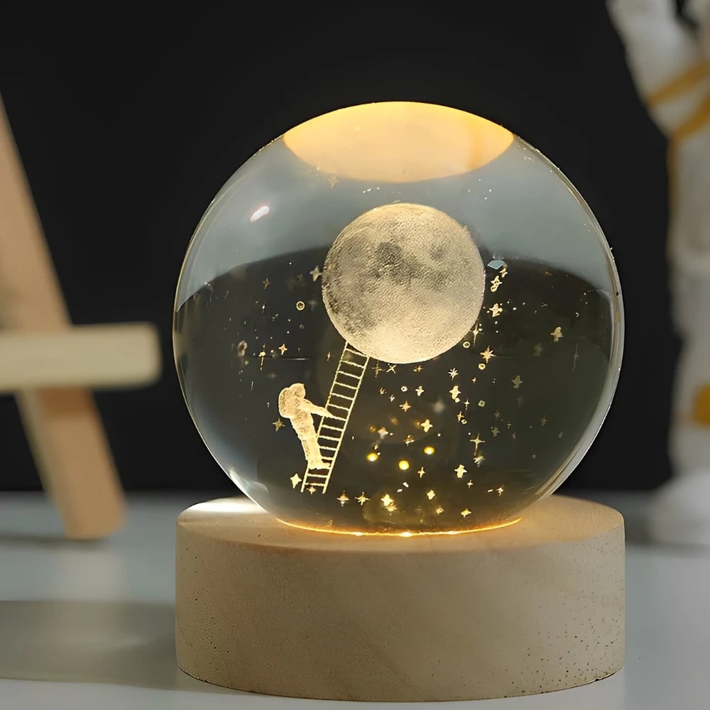 Crystal Lamp Ball Night Light 3D Laser Engraved Glass Wooden Base USB LED Decorative