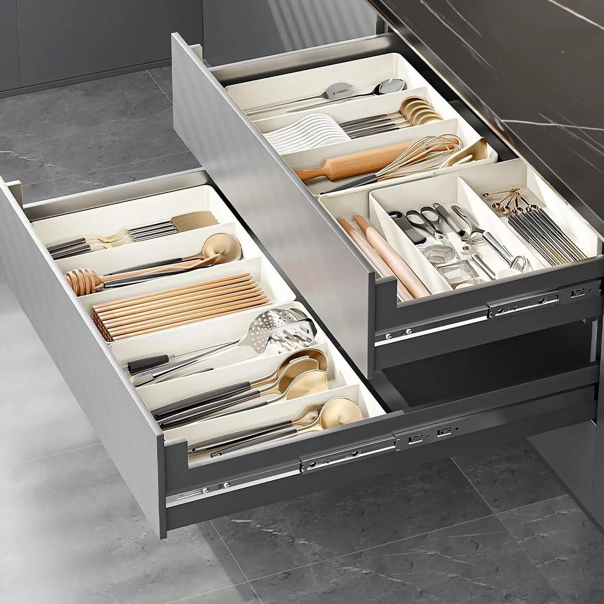 Cutlery Drawer Organizer with Expandable Plastic Compartments and Kitchen Utensil Storage