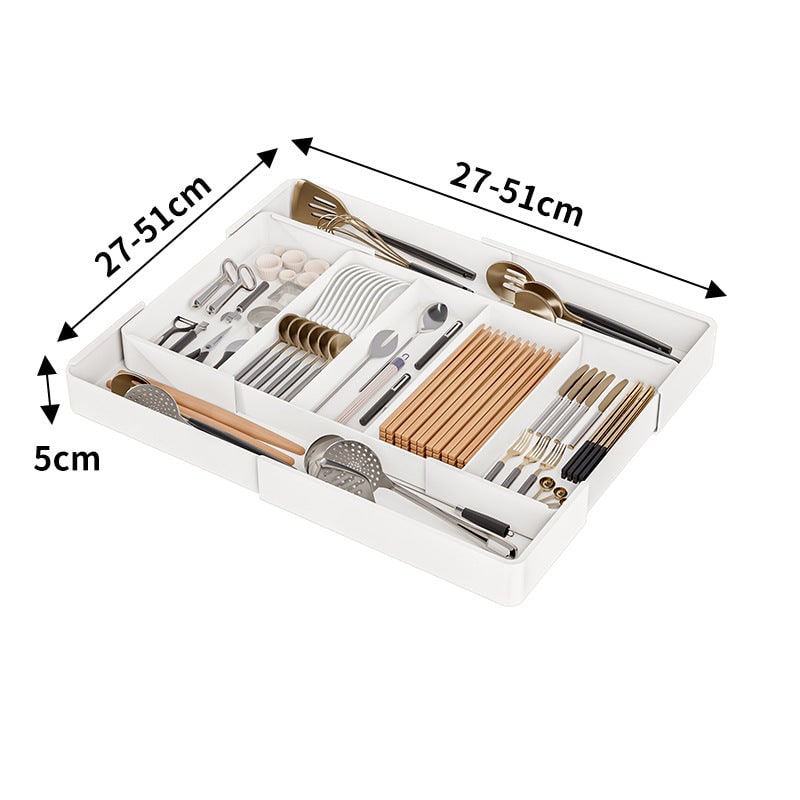 Cutlery Drawer Organizer with Expandable Plastic Compartments and Kitchen Utensil Storage