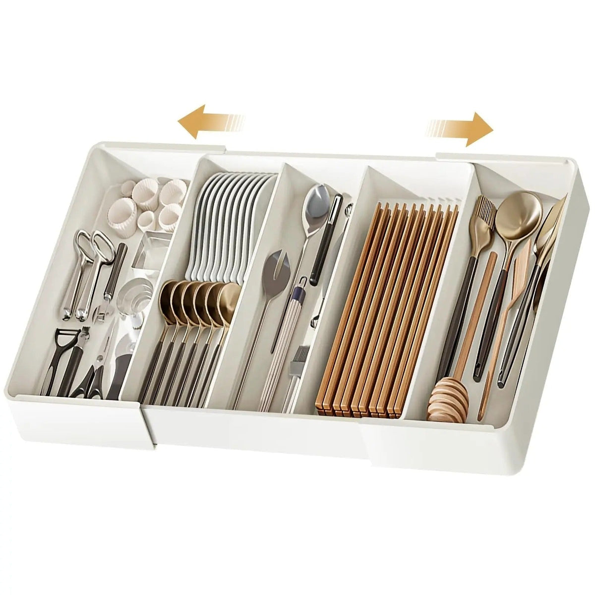 Cutlery Drawer Organizer with Expandable Plastic Compartments and Kitchen Utensil Storage