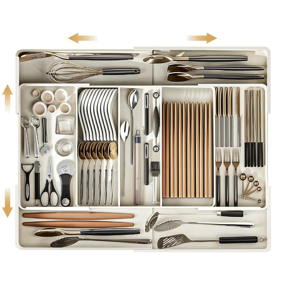 Cutlery Drawer Organizer with Expandable Plastic Compartments and Kitchen Utensil Storage