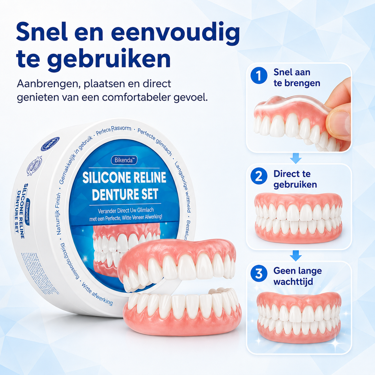 Dental Flipper Front Tooth Temporary Snap on Dentures with Silicone Reline Kit and Moldable Strips