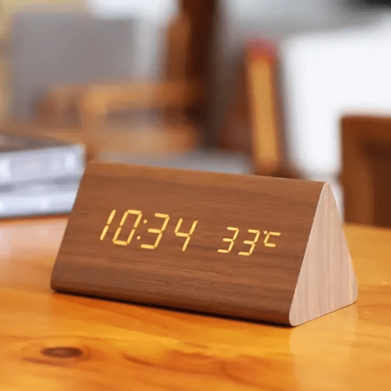 Digital Alarm Clock Wood LED Temperature Display Calendar Wooden