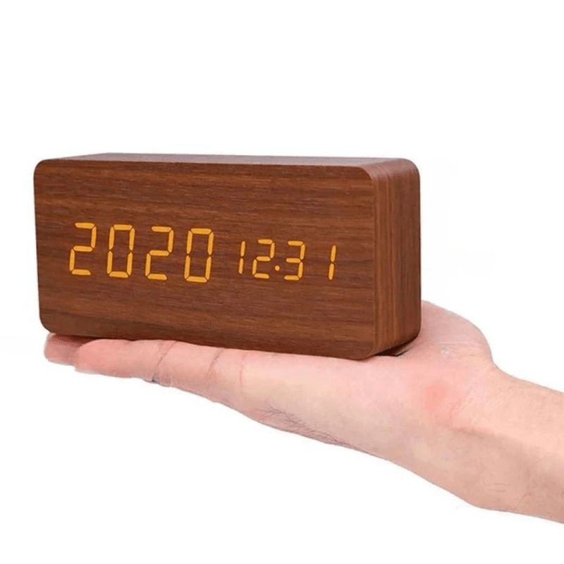 Digital Alarm Clock Wood LED Temperature Display Calendar Wooden